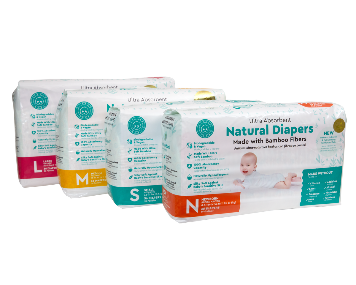Little Toes Disposable Biodegradable Bamboo Diapers - 36 Pack Size Newborn, Small, Medium and Large