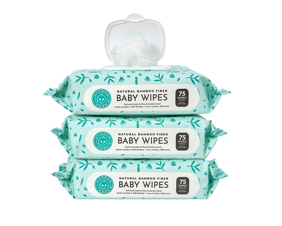 Little Toes Natural Bamboo Fiber Baby Wipes- 3 Packs of 75 Wipes (Total 225 Wipes)