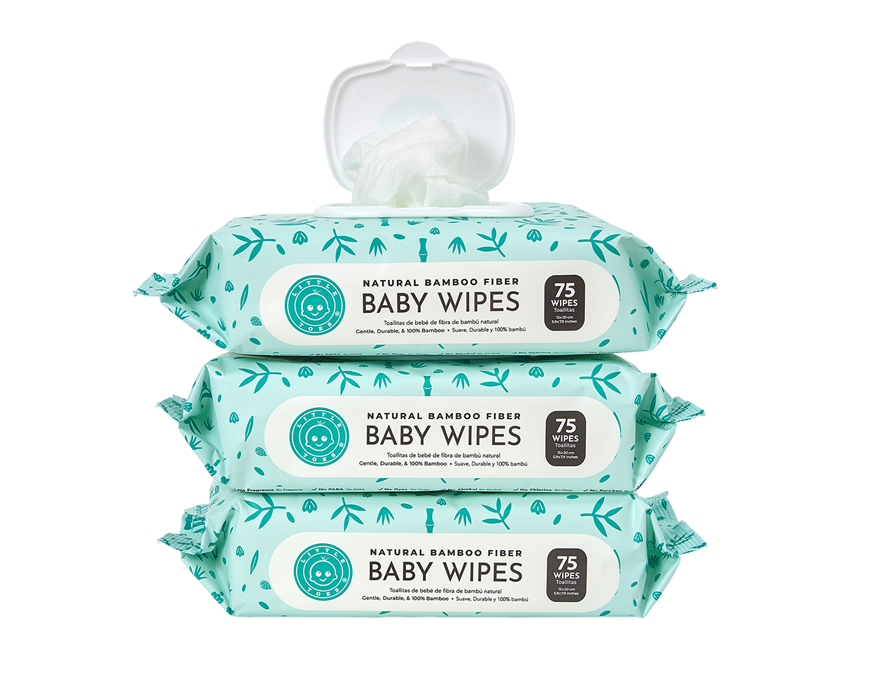 Little Toes Natural Bamboo Fiber Baby Wipes- 3 Packs of 75 Wipes (Total 225 Wipes)