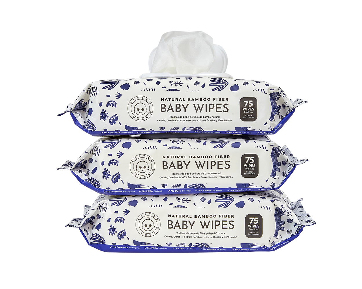 Little Toes Natural Bamboo Fiber Baby Wipes- 3 Packs of 75 Wipes (Total 225 Wipes)- Woodland
