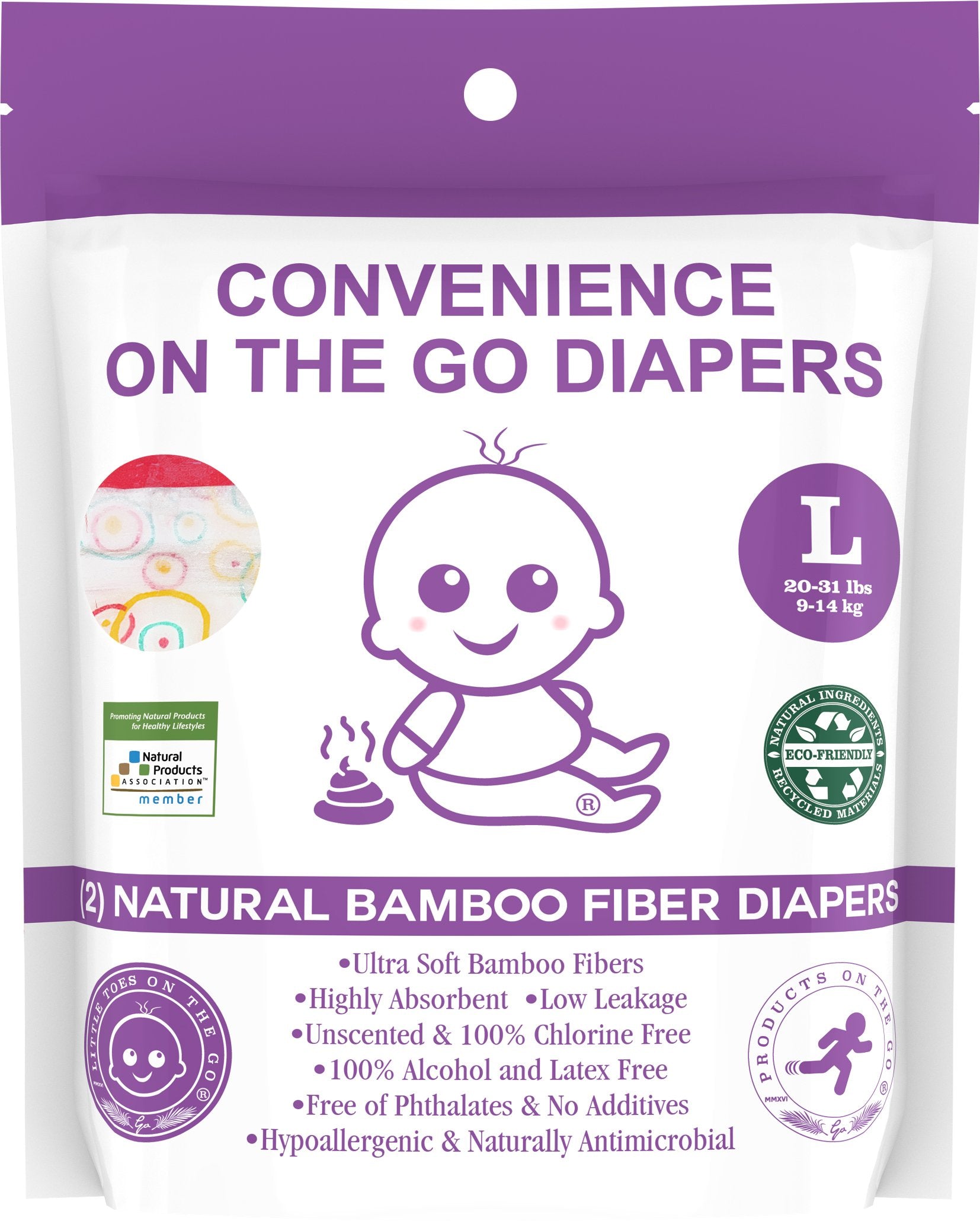 Little Toes Convenience On The Go 2x Natural Bamboo Diapers | Size Large (20-29 lbs)
