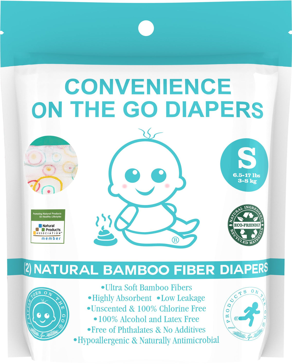 Little Toes Convenience On The Go 2x Natural Bamboo Diapers | Size Small (8-17 lbs)