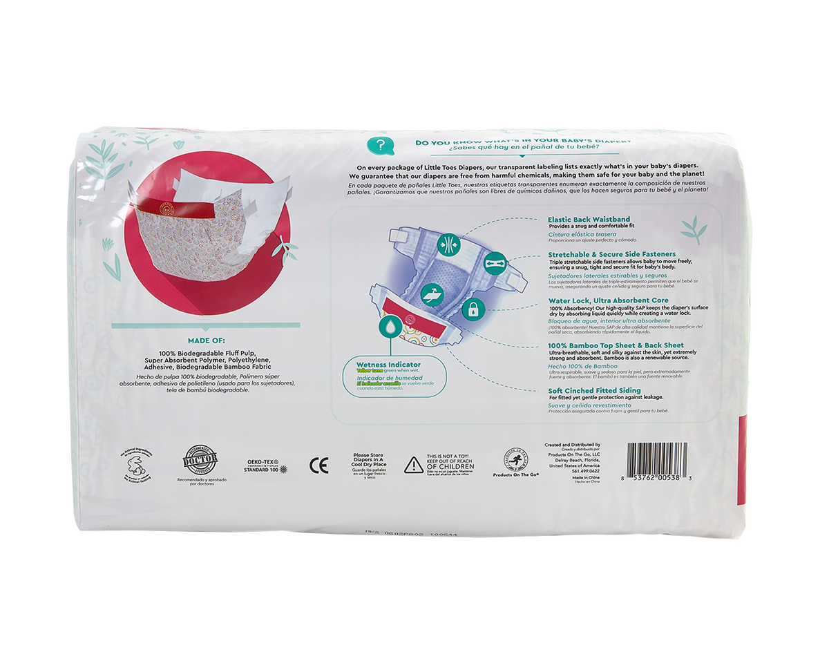 Little Toes Disposable Biodegradable Bamboo Diapers - 36 Pack Size Newborn, Small, Medium and Large
