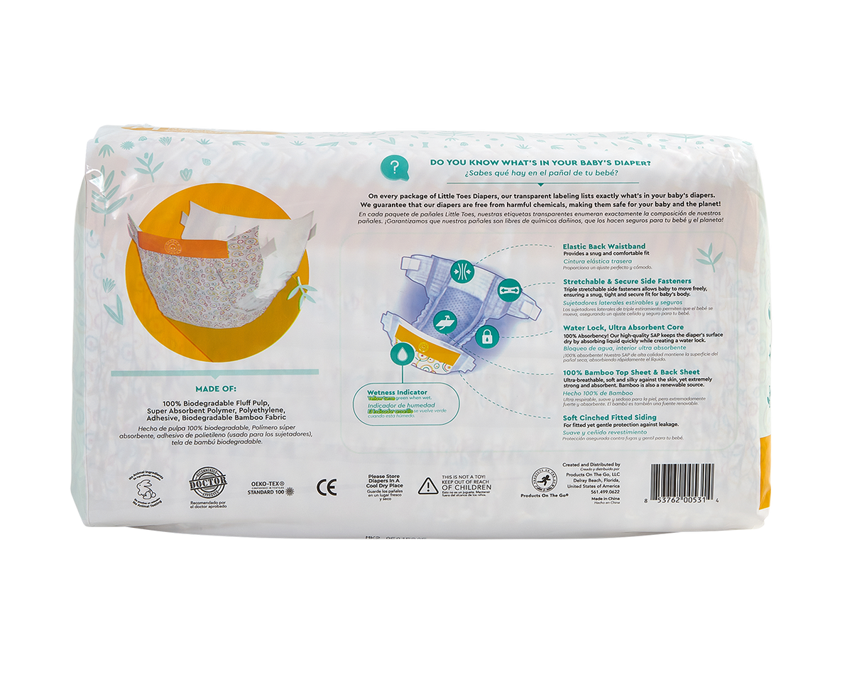 Little Toes Disposable Biodegradable Bamboo Diapers - 36 Pack Size Newborn, Small, Medium and Large