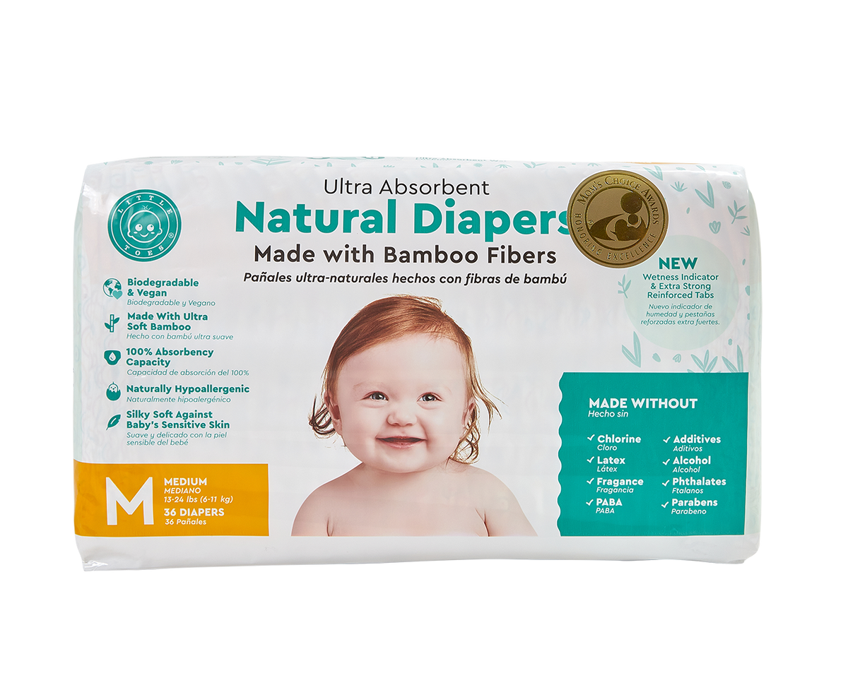 Little Toes Disposable Biodegradable Bamboo Diapers - 36 Pack Size Newborn, Small, Medium and Large