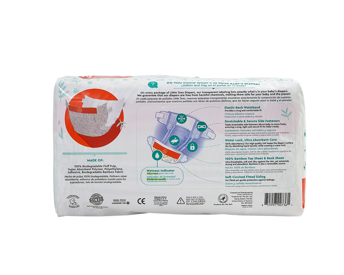 Little Toes Disposable Biodegradable Bamboo Diapers - 36 Pack Size Newborn, Small, Medium and Large