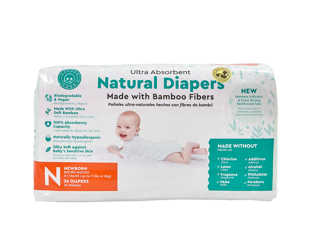 Little Toes Disposable Biodegradable Bamboo Diapers - 36 Pack Size Newborn, Small, Medium and Large