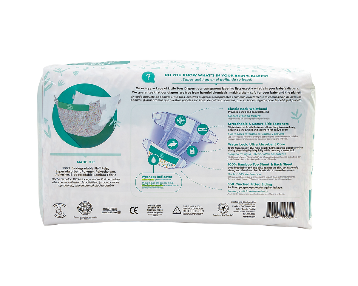 Little Toes Disposable Biodegradable Bamboo Diapers - 36 Pack Size Newborn, Small, Medium and Large