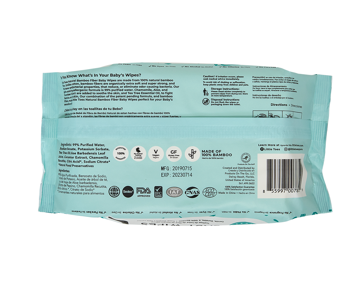 Little Toes Natural Bamboo Fiber Baby Wipes- 3 Packs of 75 Wipes (Total 225 Wipes)