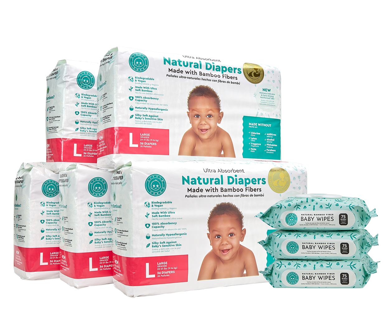 Little Toes Disposable Biodegradable Bamboo Diapers 180 Packs LARGE Monthly Subscription Pack